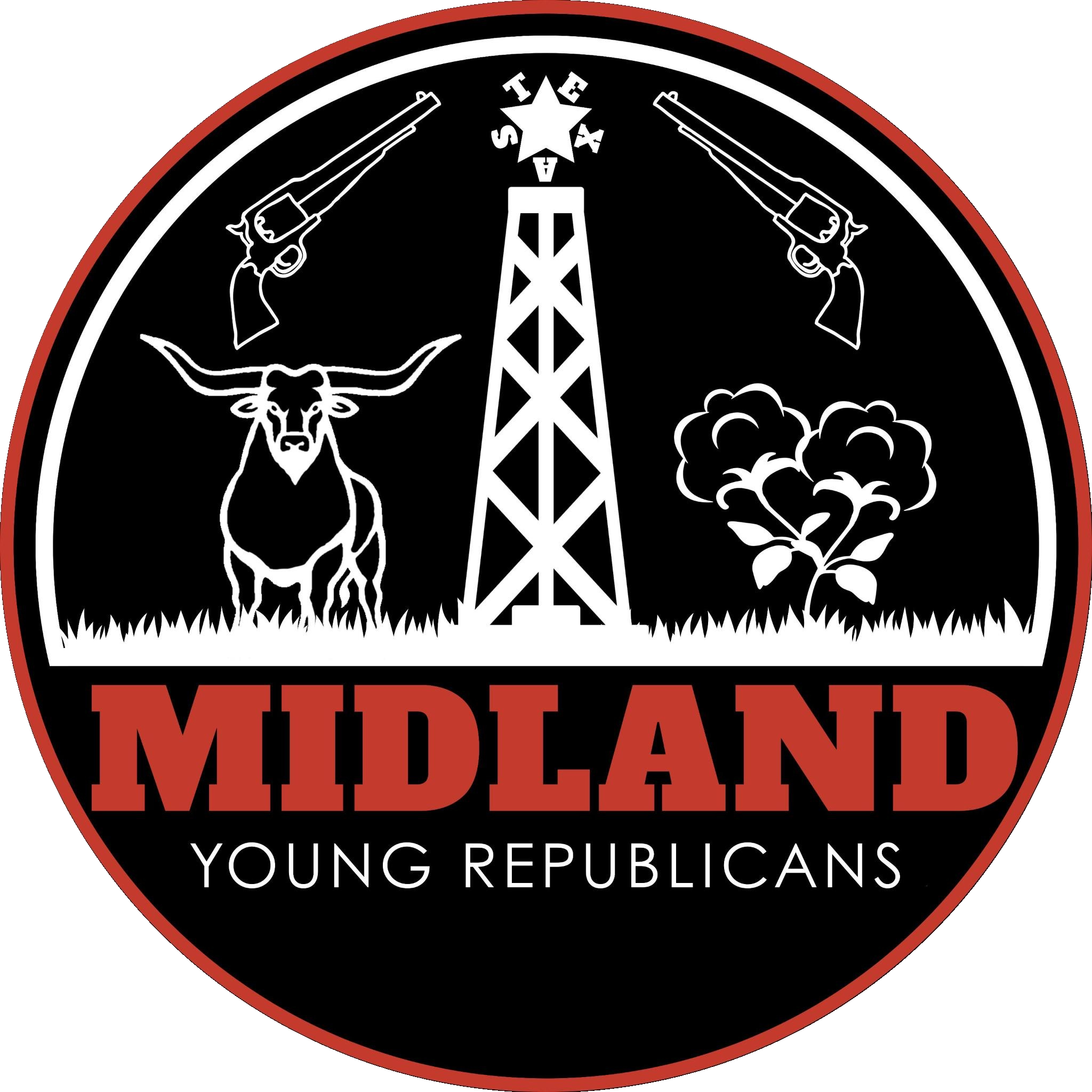 Midland Young Republicans badge: an oil derrick under the Texas star, a longhorn, cotton, and two revolvers